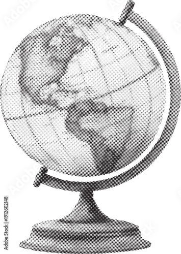 Vintage black and white terrestrial globe rests on its stand displaying continents