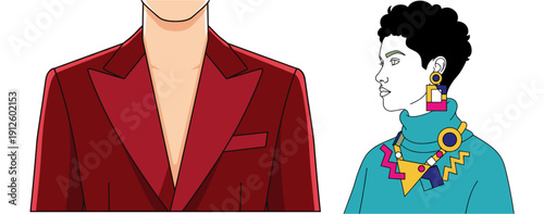 Stylish illustration of two individuals, one in a red blazer and another with vibrant 80s-inspired jewelry and a blue turtleneck.