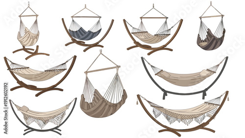 Diverse selection of hanging hammocks and hammock chairs with different designs and frames for indoor or outdoor relaxation.