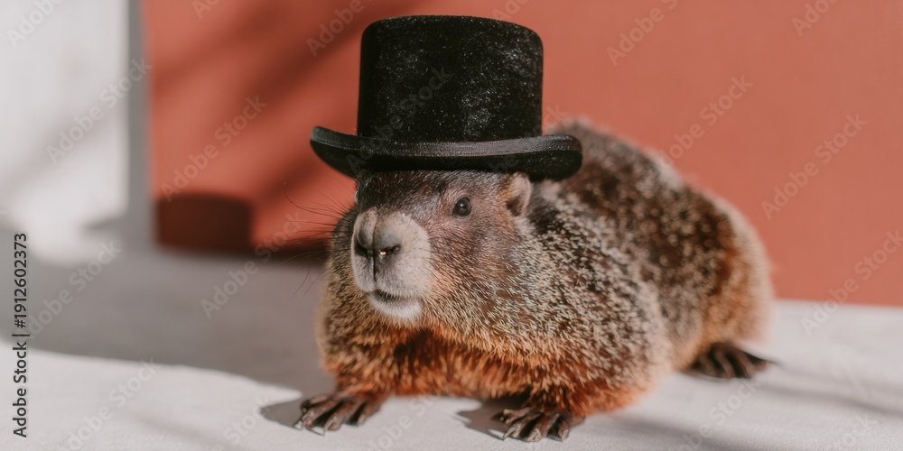 Obraz premium Marmot Wearing a Black Top Hat posing for Groundhog Day celebration in a professional studio setting with copy space for festive greeting card designs and holidays