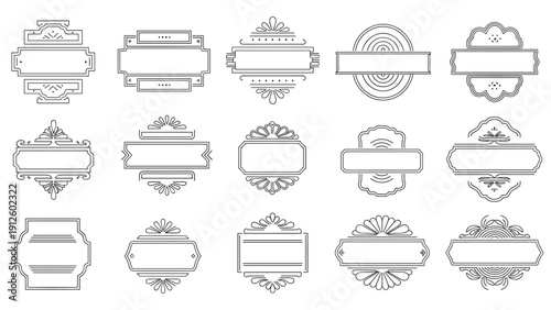 Ornate collection of decorative vintage frames and border designs and labels in a clean black and white line art style.