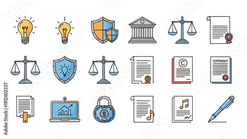 Comprehensive collection of law and justice and intellectual property icons including scales and shields and legal documents.