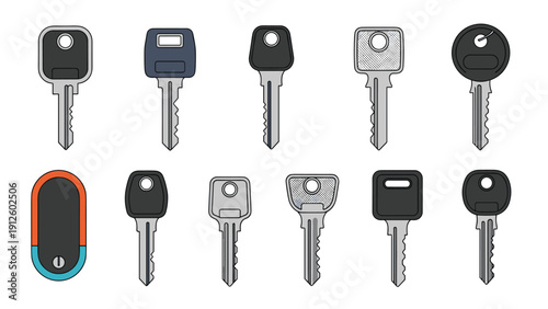 Extensive set of different keys for cars and doors and houses in various designs and colors including a modern key fob.