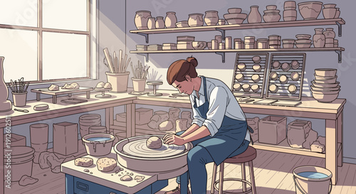 Potter Creating Ceramic Piece on Pottery Wheel.