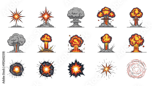 Pixel art collection displays various explosion effects like nuclear mushroom clouds, fireballs, and smoke blasts on a white background.