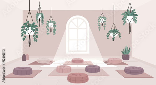 Serene Meditation Room with Plants and Cushions.