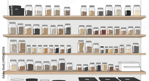 Shelves with Jars of Spices and Herbs.
