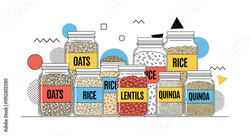 An assortment of glass jars filled with various healthy grains, including oats, rice, lentils, and quinoa, depicted in a clean, modern line art style with geometric shapes.