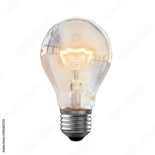 A single lit incandescent light bulb against a white background.
