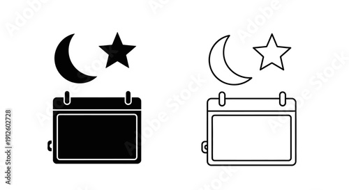 Vector black outline and solid icons depicting a crescent moon and star above a calendar, isolated on a transparent background for UI design.