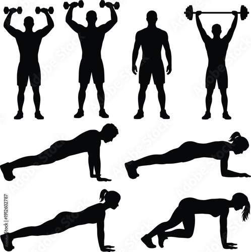 Collection of fitness workout silhouettes showing strength training push ups planks and weightlifting exercises isolated on white background representing healthy active lifestyle
