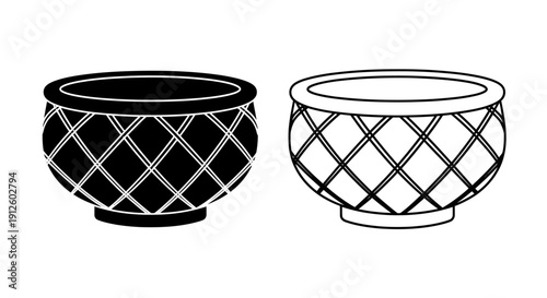 Vector black and white outline icons of traditional Japanese tea bowls with a diamond lattice pattern, isolated on a transparent background.
