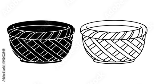 Vector illustration of two woven wicker baskets, one solid black and one outlined, isolated on a transparent background.