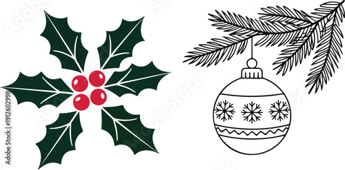 Christmas Holly & Pine CAD Ornament Icons  Festive Holiday Decoration Duo