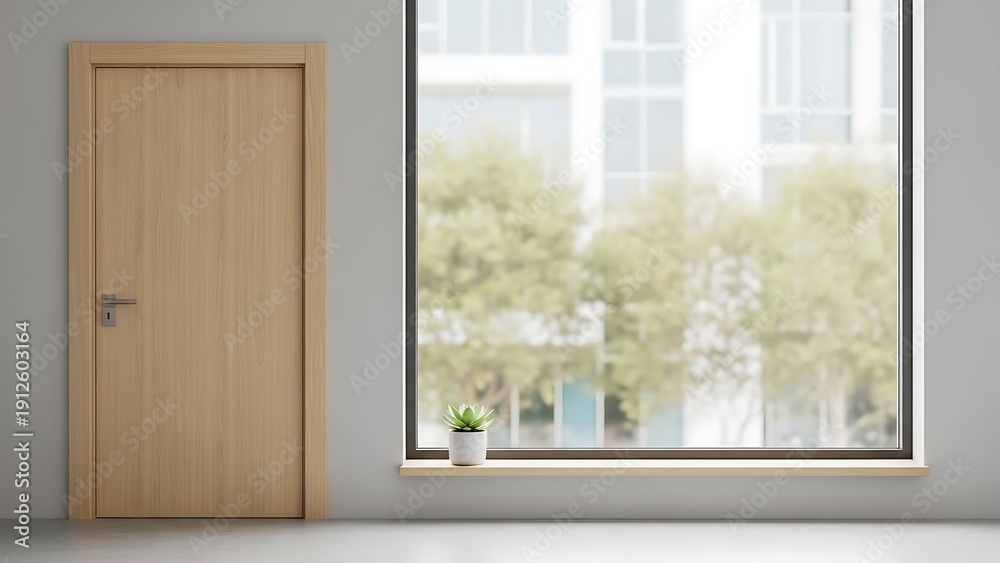 Fototapeta premium Minimalist interior scene with a light wood door and cityscape view
