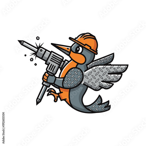 Construction Bird Mascot Holding a Jackhammer with Safety Helmet and Wings