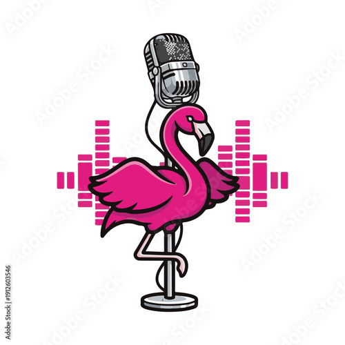 Vibrant pink flamingo with retro microphone and sound wave illustration, perfect for podcasting, music, and creative branding
