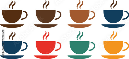 Coffee Cup Vector Icon Set  Steaming Hot Beverages on Saucers