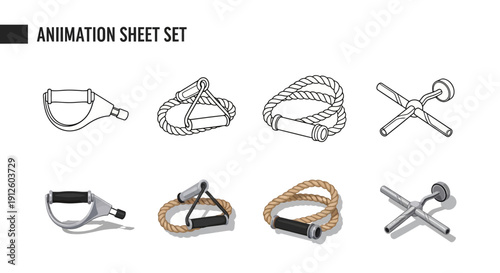 Fitness Equipment Animation Sheet: Resistance Bands, Handles, Jump Rope, and Exercise Tool