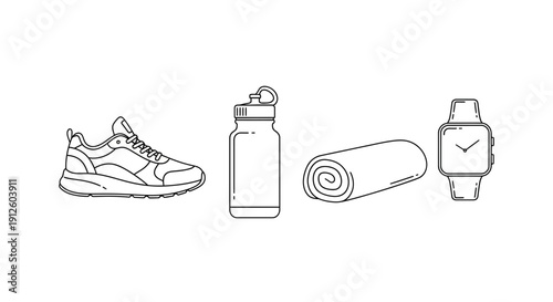 Fitness Gear Line Art: Sneaker, Water Bottle, Towel, Smartwatch