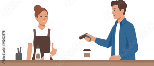 Coffee Shop POS Payment Outline Icon Set  Credit Card Transaction at Counter