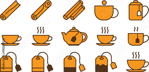 Tea and Spice Outline Icon Set  Herbal Ingredients and Beverage Elements Collection