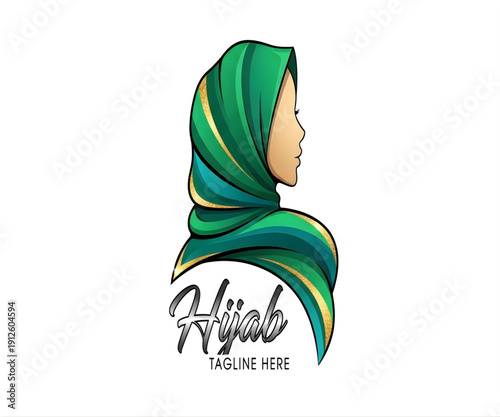 Hijab logo with woman wearing green headscarf for a store
