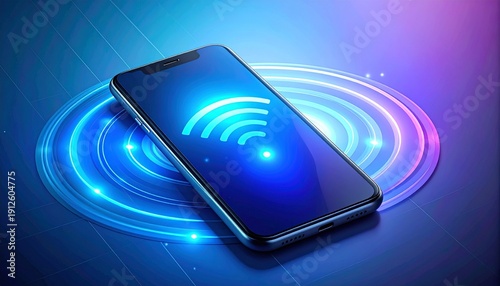 Modern smartphone with a bright Wi-Fi signal icon on screen, surrounded by dynamic glowing light patterns, illustrating advanced wireless connectivity and futuristic digital communication