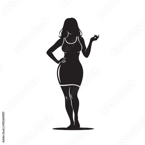 Silhouette of a curvaceous woman in a dress, black and white vector illustration, elegance and style concept