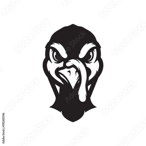 Intense turkey face close-up, black and white vector illustration, aggressive or determined expression