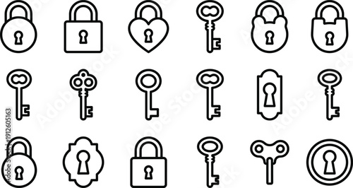 Lock and key icons set in black outline style with padlocks, keys and keyholes, ideal for security apps, privacy symbols and access control UI