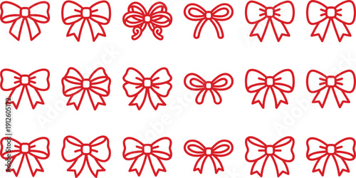 Red ribbon bow icons set in outline style with multiple bow shapes, perfect for gift wrap, invitations, greeting cards, crafts and packaging design