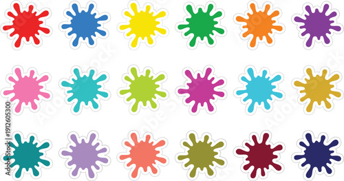 Bright multicolor paint splashes and ink splatters set, isolated on white background, ideal for kids designs, creative posters, stickers and abstract textures