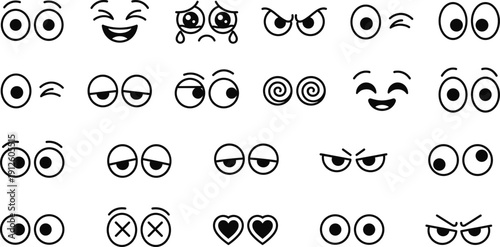 Cartoon eyes expressions icons set in black and white with different emotions, perfect for character design, stickers, emojis, games, chat reactions and UI icons