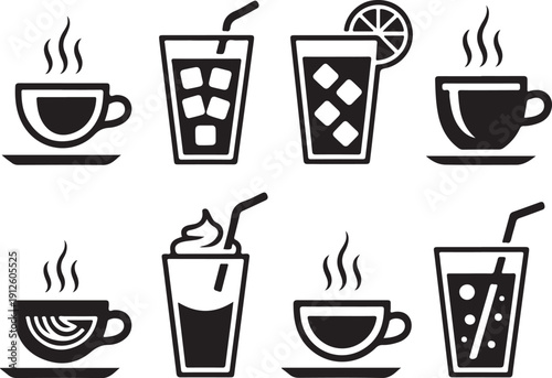 Hot drinks and beverages silhouette icon setsolid style coffee, tea, and refreshment symbols for menu design. teacup, iced drink, cappuccino, smoothie, latte, soda.