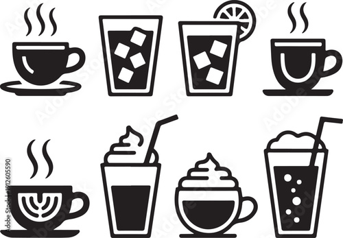 Hot drinks and beverages silhouette icon setsolid style coffee, tea, and refreshment symbols for menu design. teacup, iced drink, cappuccino, smoothie, latte, soda.