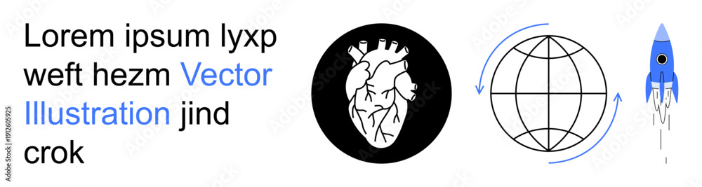 Fototapeta premium Science, education, healthcare, global connections, innovation, space exploration. Human heart diagram, globe with arrows rocket icon and text. Science and innovation concept
