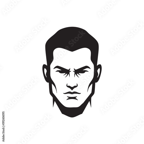 Stylized black silhouette of a man's face with intense eyes, a strong and determined portrait for action, sports, or leadership themes.
