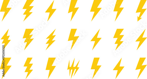 Yellow lightning bolt icons set with thunder shapes in flat style, ideal for electricity, energy, power symbols, warning signs and weather graphics