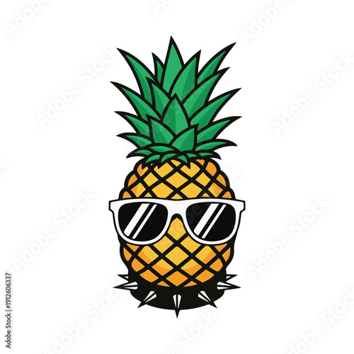 Vibrant cartoon pineapple character sporting trendy sunglasses and a cool studded collar, representing a playful and edgy tropical fruit illustration perfect for diverse designs