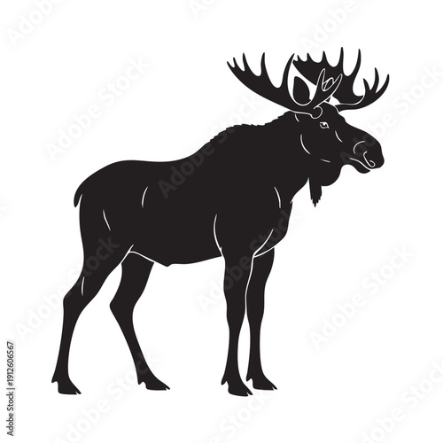Black silhouette of a large moose with impressive antlers, a majestic wild animal illustration for nature, wilderness, or sports themes.