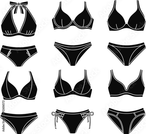 Collection of Black Bikinis and Swimwear Illustrations Featuring Varied Styles Whisk
