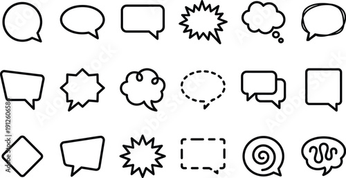 Speech bubble icons set in black outline with different dialog and thought shapes, perfect for messaging apps, comics, chat UI and social media