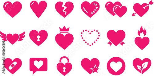 Pink heart icons set with love symbols like broken heart, winged heart and heart lock, perfect for Valentine designs, stickers and social media