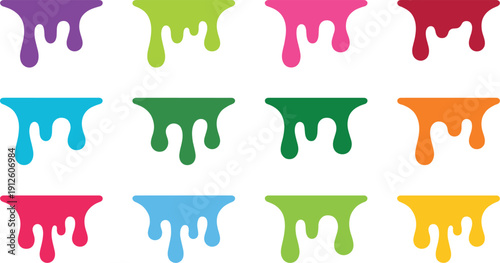 Colorful dripping paint borders set with bright liquid drips and rounded melt shapes, perfect for playful frames, banners, labels and modern graphic designs