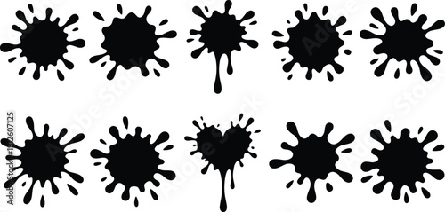 Black ink splatters and dripping blots collection, isolated on white. Grunge paint splash shapes for urban posters, streetwear prints, distressed backgrounds, edgy banners and creative overlays.