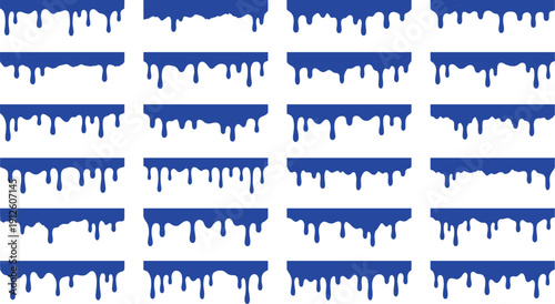 Blue dripping paint borders set with liquid drip edges and melting frames. Perfect for headers, labels, frames, stickers and spooky slime style designs, isolated on white background.