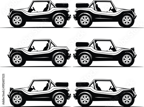 Collection of black and white jeep silhouettes in various viewpoints displayed on a clean background Whisk vector illustration