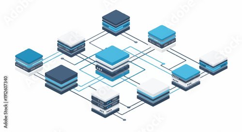 3D illustration of interconnected servers and databases in a network.