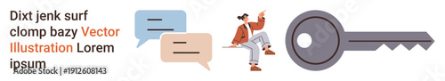 Communication, data security, conversation, identity verification, online access, personal safety. Key with speech bubbles and a sitting figure. Communication and data security concept